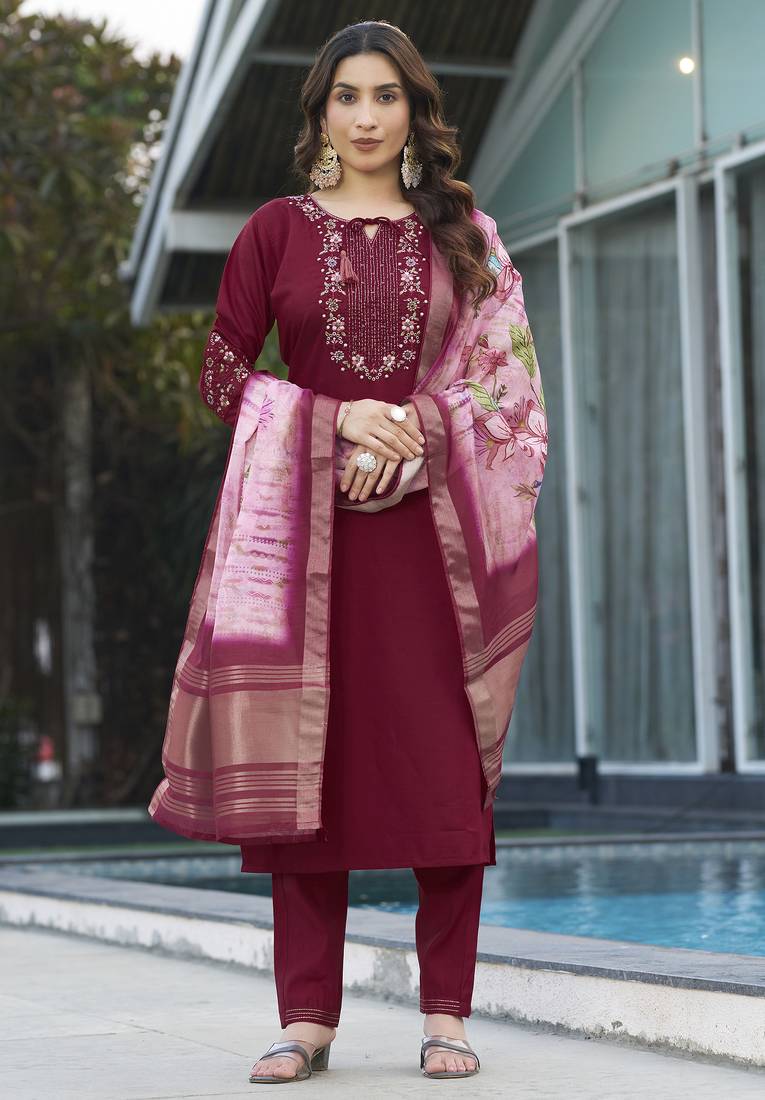 Maroon Designer Straight Kurti Pant Dupatta Set With Embroidery And Hand Work 