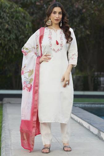 White Designer Straight Kurti Pant Dupatta Set With Embroidery And Hand Work