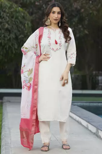 White Designer Straight Kurti Pant Dupatta Set With Embroidery And Hand Work
