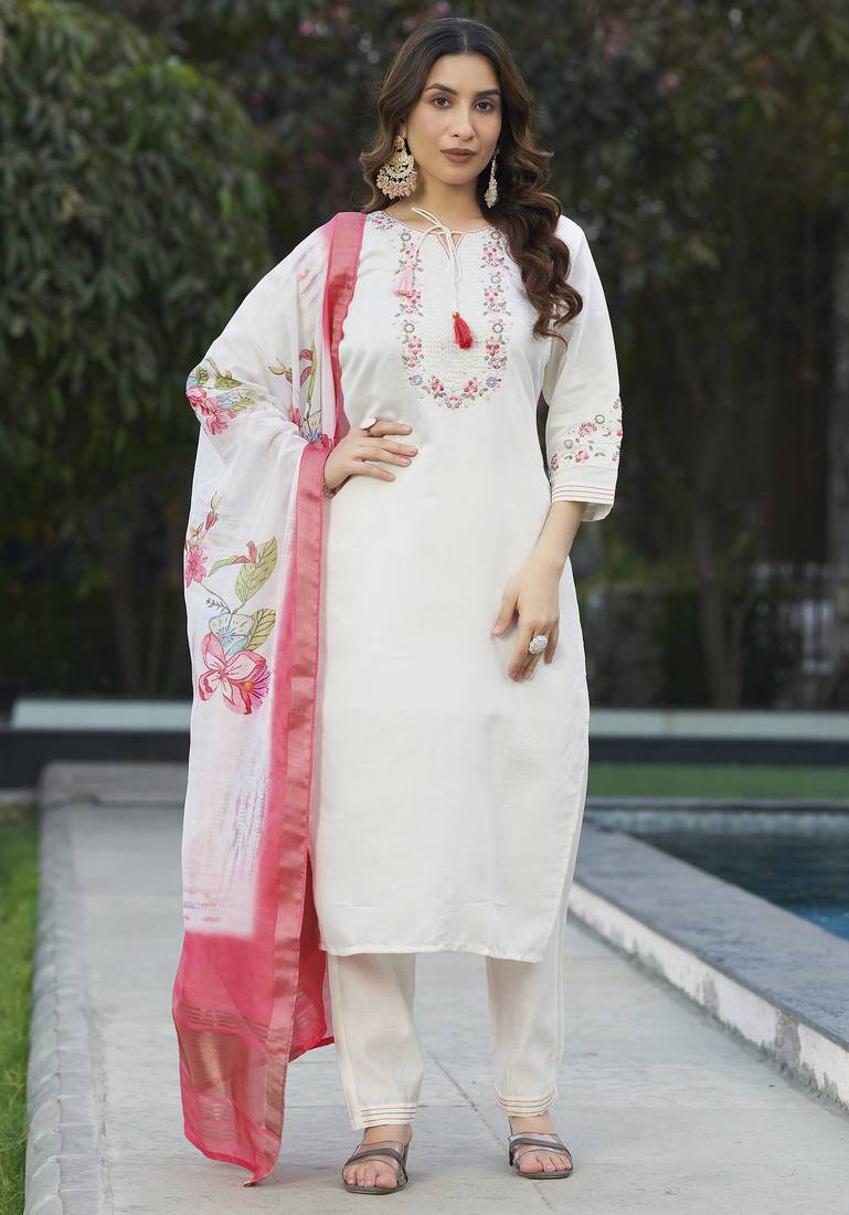 White Designer Straight Kurti Pant Dupatta Set With Embroidery And Hand Work
