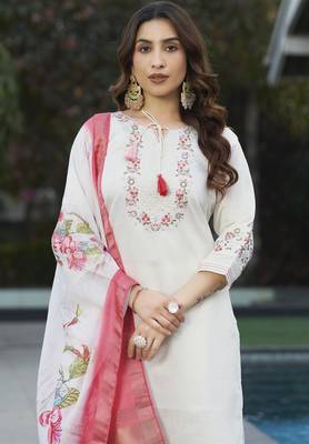 White Designer Straight Kurti Pant Dupatta Set With Embroidery And Hand Work 3