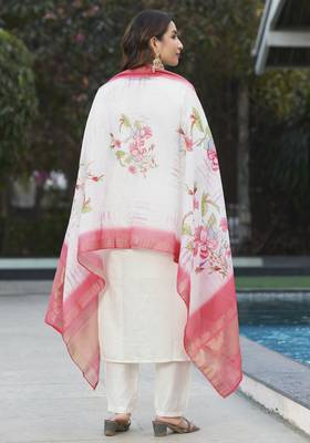 White Designer Straight Kurti Pant Dupatta Set With Embroidery And Hand Work 5