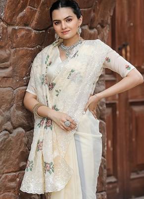 Cream Color Pure Shiny Chiffon Embroidered Saree  1