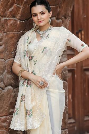 Cream Color Pure Shiny Chiffon Embroidered Saree 