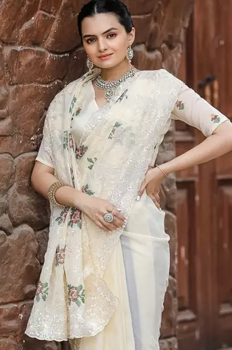 Cream Color Pure Shiny Chiffon Embroidered Saree 
