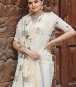 Cream Color Pure Shiny Chiffon Embroidered Saree 