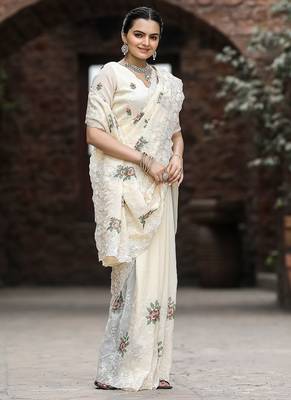 Cream Color Pure Shiny Chiffon Embroidered Saree  2