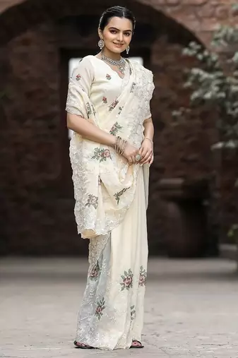 Cream Color Pure Shiny Chiffon Embroidered Saree 