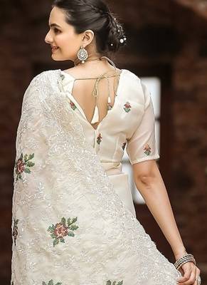 Cream Color Pure Shiny Chiffon Embroidered Saree  3