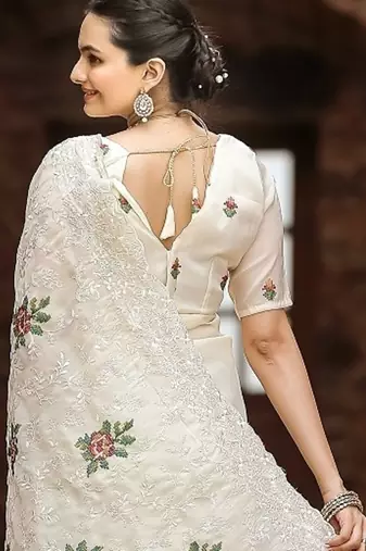 Cream Color Pure Shiny Chiffon Embroidered Saree 