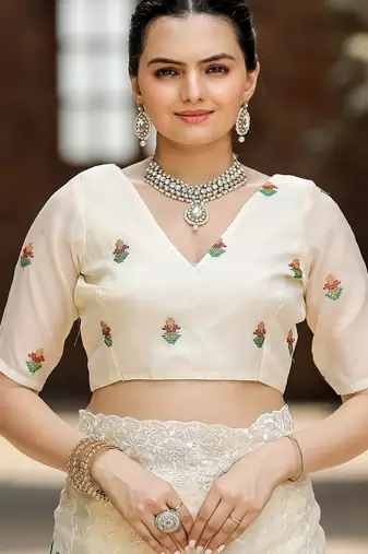 Cream Color Pure Shiny Chiffon Embroidered Saree 