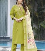Parrot green Designer Straight Kurti Pant Dupatta Set With Embroidery And Hand Work