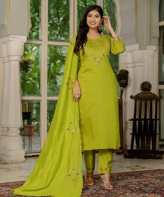 Parrot green Designer Straight Kurti Pant Dupatta Set With Embroidery And Hand Work 1