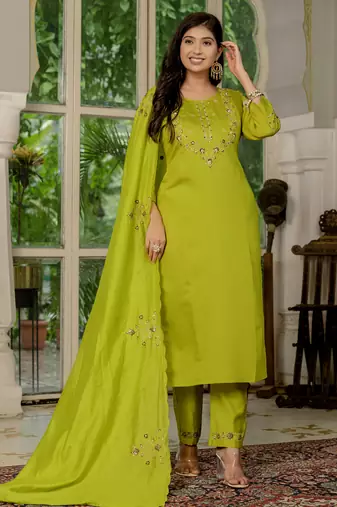 Parrot green Designer Straight Kurti Pant Dupatta Set With Embroidery And Hand Work