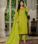 Parrot green Designer Straight Kurti Pant Dupatta Set With Embroidery And Hand Work
