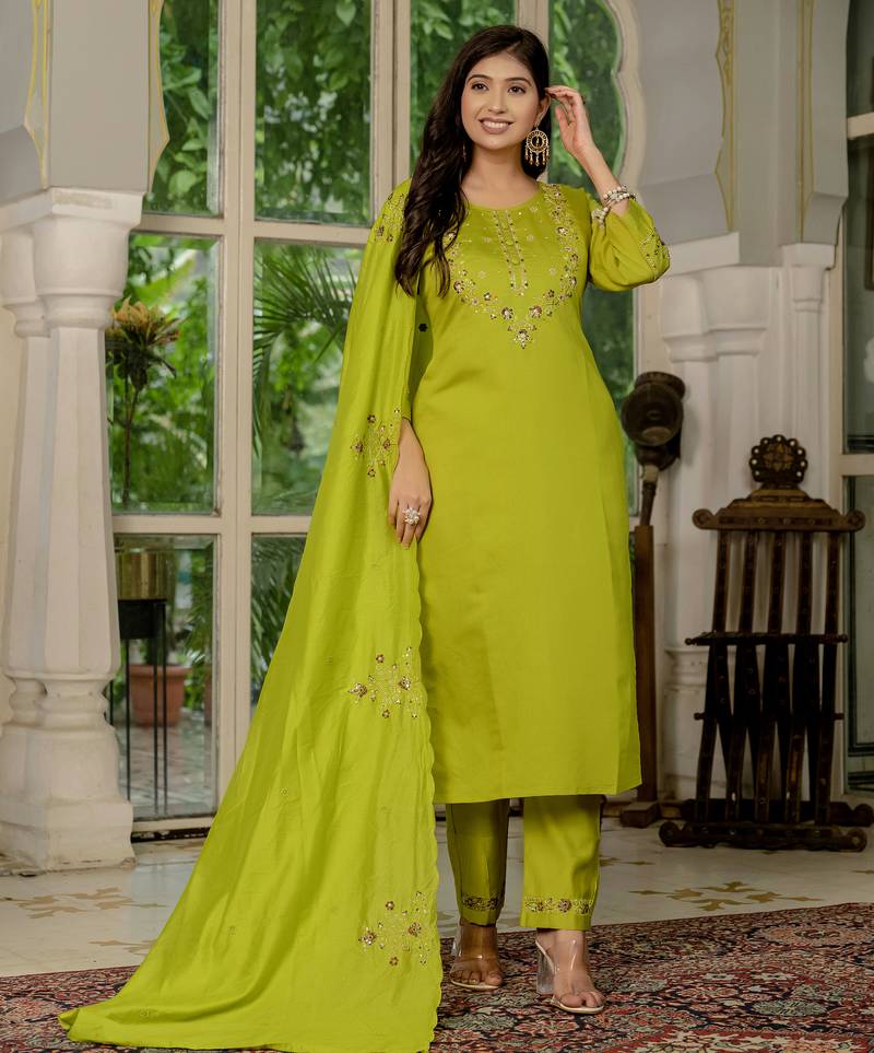 Parrot green Designer Straight Kurti Pant Dupatta Set With Embroidery And Hand Work