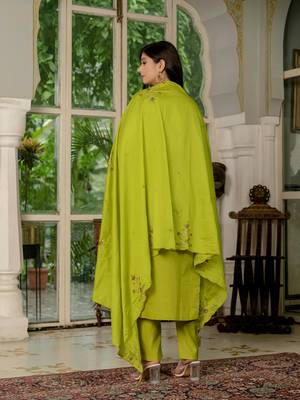 Parrot green Designer Straight Kurti Pant Dupatta Set With Embroidery And Hand Work 3