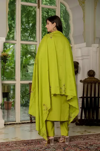 Parrot green Designer Straight Kurti Pant Dupatta Set With Embroidery And Hand Work