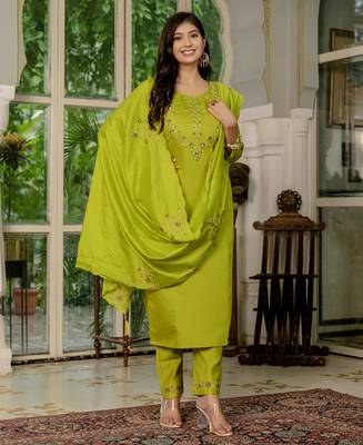 Parrot green Designer Straight Kurti Pant Dupatta Set With Embroidery And Hand Work 4