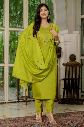 Parrot green Designer Straight Kurti Pant Dupatta Set With Embroidery And Hand Work