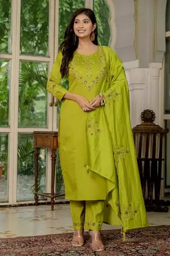 Parrot green Designer Straight Kurti Pant Dupatta Set With Embroidery And Hand Work
