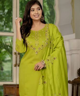 Parrot green Designer Straight Kurti Pant Dupatta Set With Embroidery And Hand Work 6