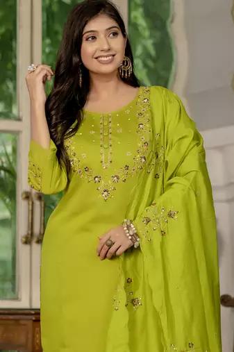 Parrot green Designer Straight Kurti Pant Dupatta Set With Embroidery And Hand Work
