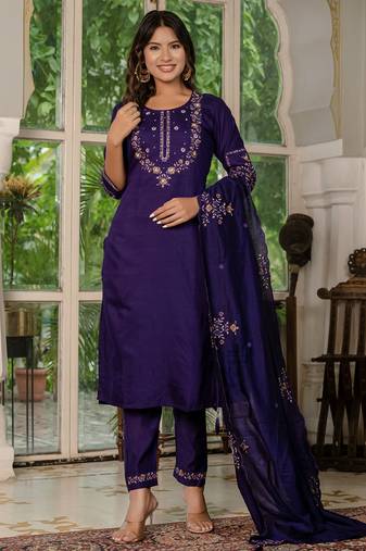 Wine  Designer Straight Kurti Pant Dupatta Set With Embroidery And Hand Work