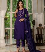 Wine  Designer Straight Kurti Pant Dupatta Set With Embroidery And Hand Work