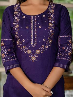 Wine Designer Straight Kurti Pant Dupatta Set With Embroidery And Hand Work 3