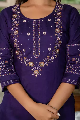 Wine Designer Straight Kurti Pant Dupatta Set With Embroidery And Hand Work