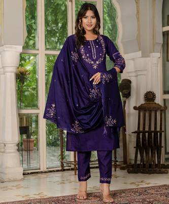 Wine Designer Straight Kurti Pant Dupatta Set With Embroidery And Hand Work 4