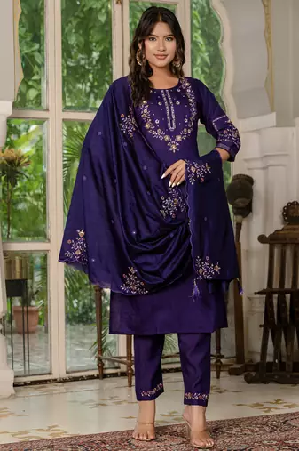 Wine Designer Straight Kurti Pant Dupatta Set With Embroidery And Hand Work