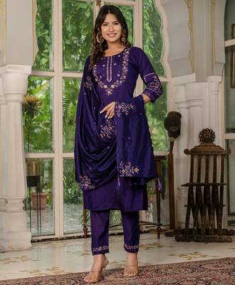 Wine Designer Straight Kurti Pant Dupatta Set With Embroidery And Hand Work 5