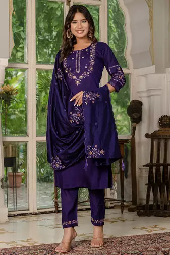 Wine Designer Straight Kurti Pant Dupatta Set With Embroidery And Hand Work