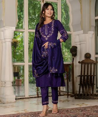 Wine Designer Straight Kurti Pant Dupatta Set With Embroidery And Hand Work 6