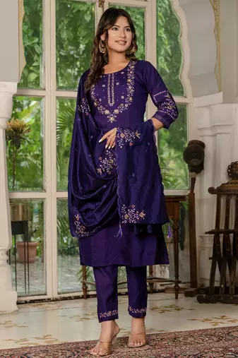 Wine Designer Straight Kurti Pant Dupatta Set With Embroidery And Hand Work