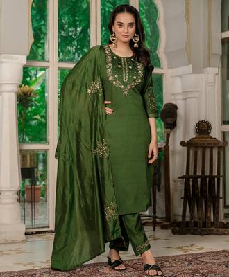 Green Designer Straight Kurti Pant Dupatta Set With Embroidery And Hand Work 1