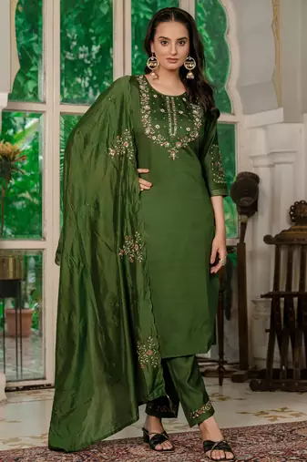 Green Designer Straight Kurti Pant Dupatta Set With Embroidery And Hand Work