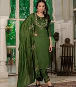 Green Designer Straight Kurti Pant Dupatta Set With Embroidery And Hand Work
