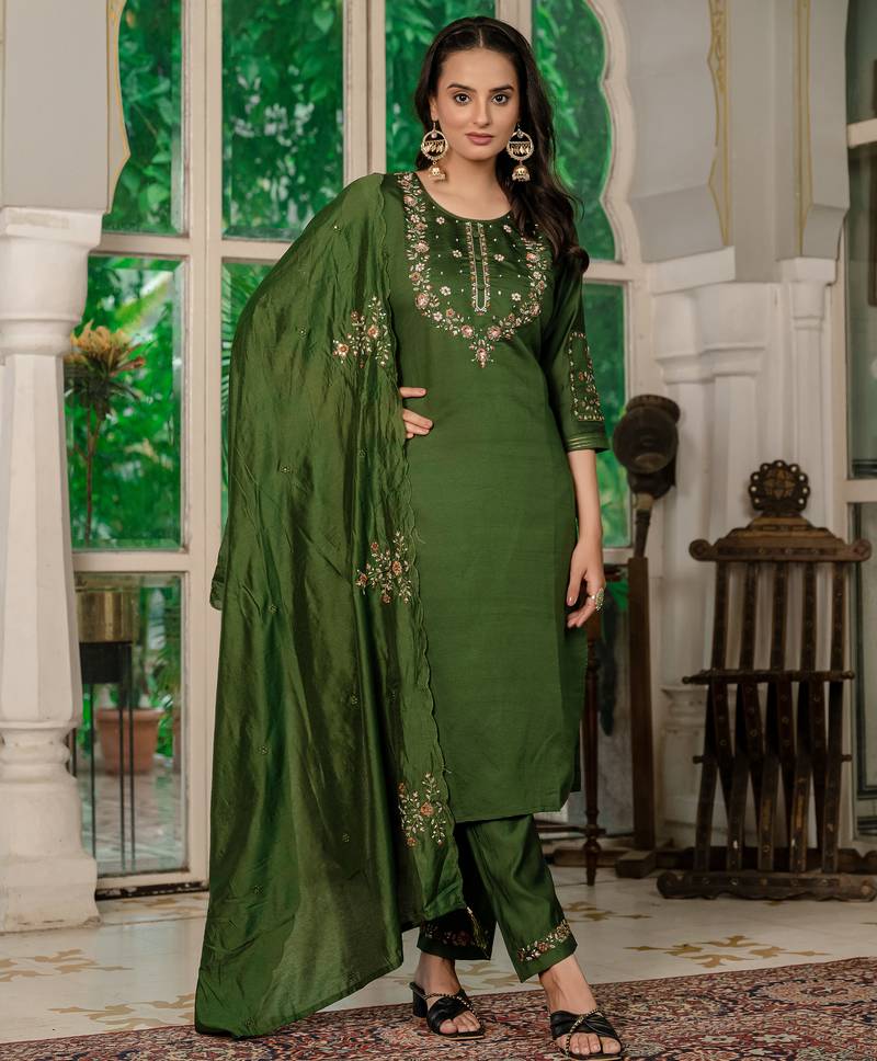 Green Designer Straight Kurti Pant Dupatta Set With Embroidery And Hand Work