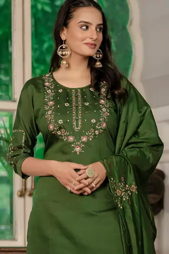Green Designer Straight Kurti Pant Dupatta Set With Embroidery And Hand Work