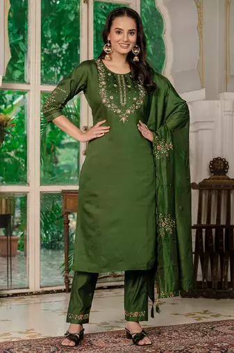 Green Designer Straight Kurti Pant Dupatta Set With Embroidery And Hand Work