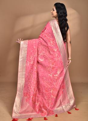 pink zari silk blend saree with blouse piece 2