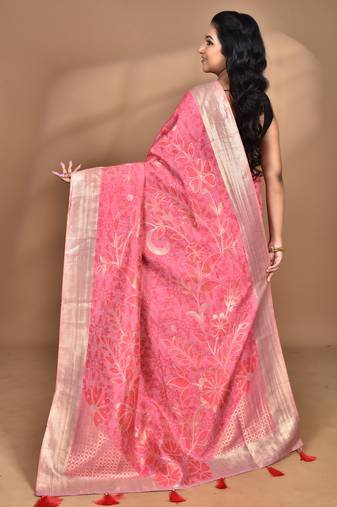 pink zari silk blend saree with blouse piece