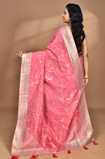 pink zari silk blend saree with blouse piece