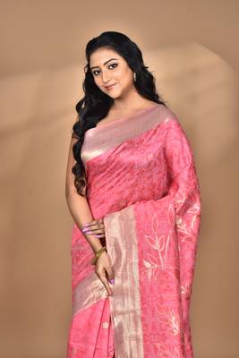 pink zari silk blend saree with blouse piece 3