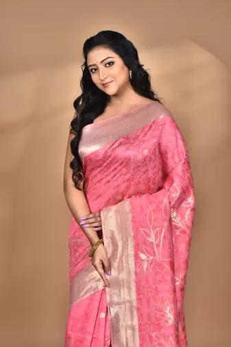 pink zari silk blend saree with blouse piece