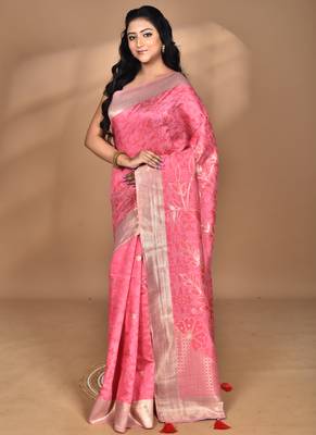 pink zari silk blend saree with blouse piece 1