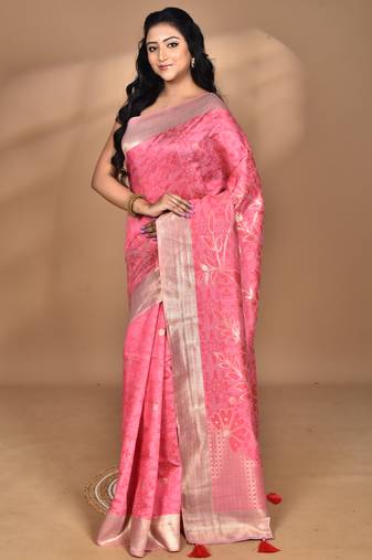 pink zari silk blend saree with blouse piece